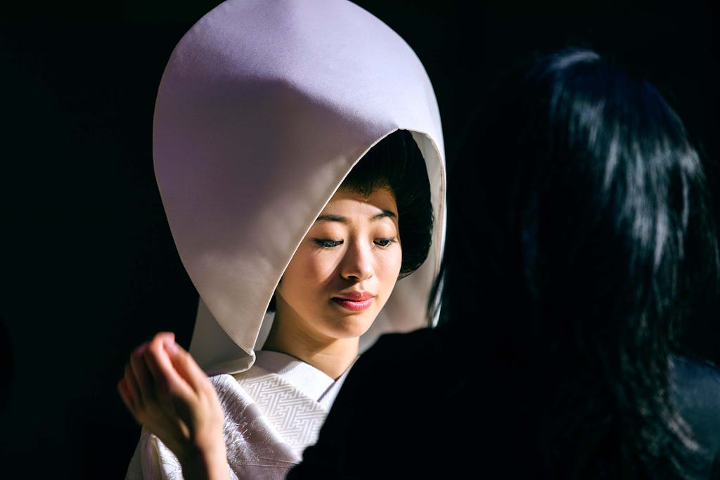 An important element of a Japanese wedding kimono is the wataboshi headpiece.