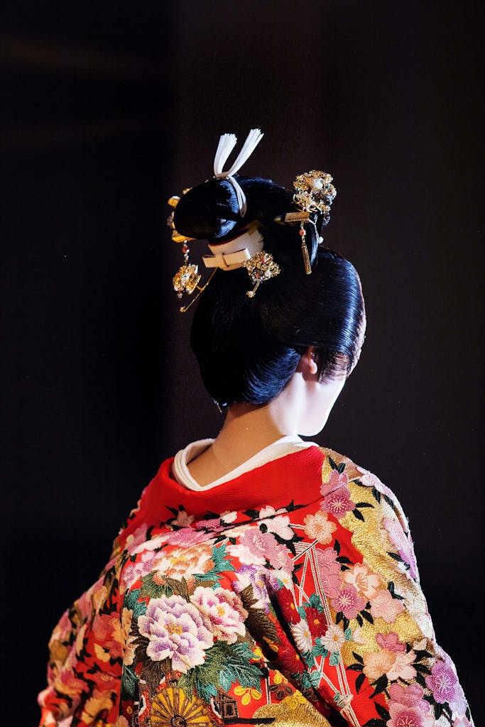 The uchikake, or bridal gown, in a traditional Japanese wedding ceremony can be pure white or colorful.