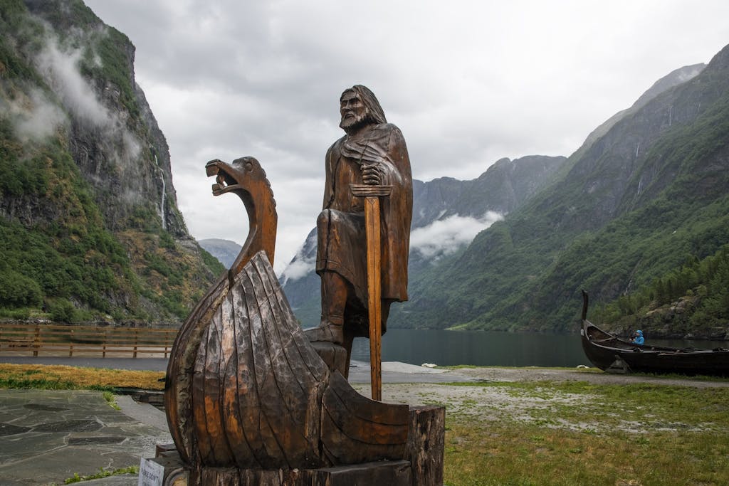 A viking carving is one of many points of interest in Flåm, Norway.