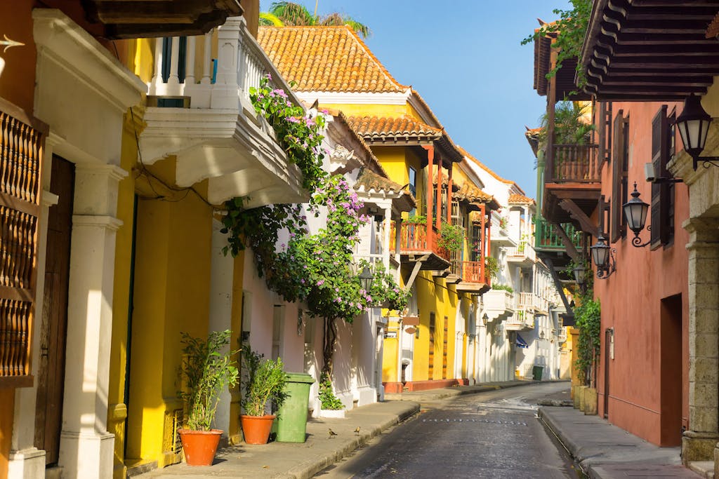 Colonial street in Cartagena, Colombia.