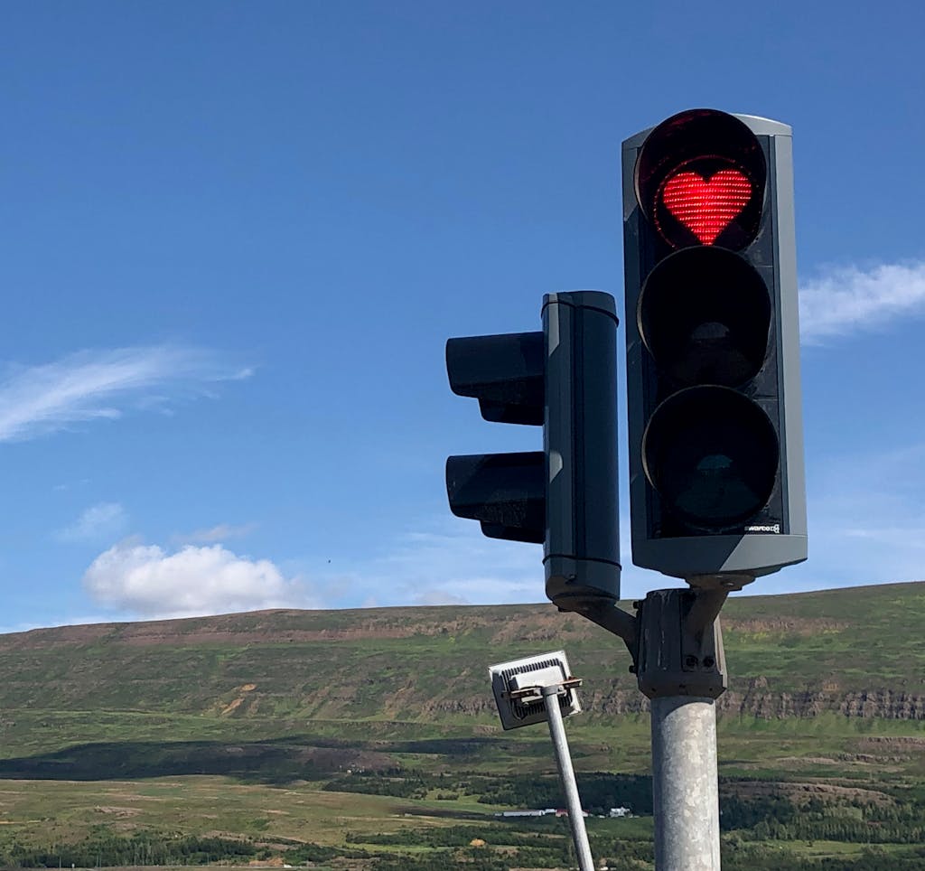 In Akureyri, Iceland, heart-shaped stoplights are an art installation of their own